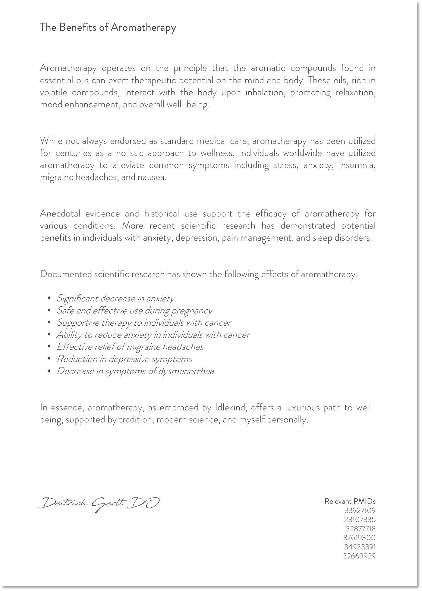 A one-page statement on the benefits of aromatherapy, with the documented effects and the supporting research references